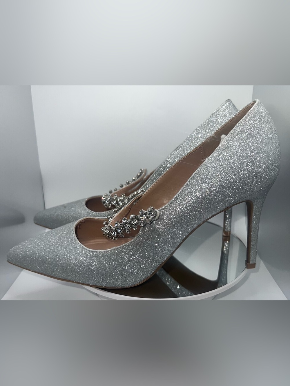 BCBGeneration Silver Glitter Pointed-Toe Heels with Crystal Strap